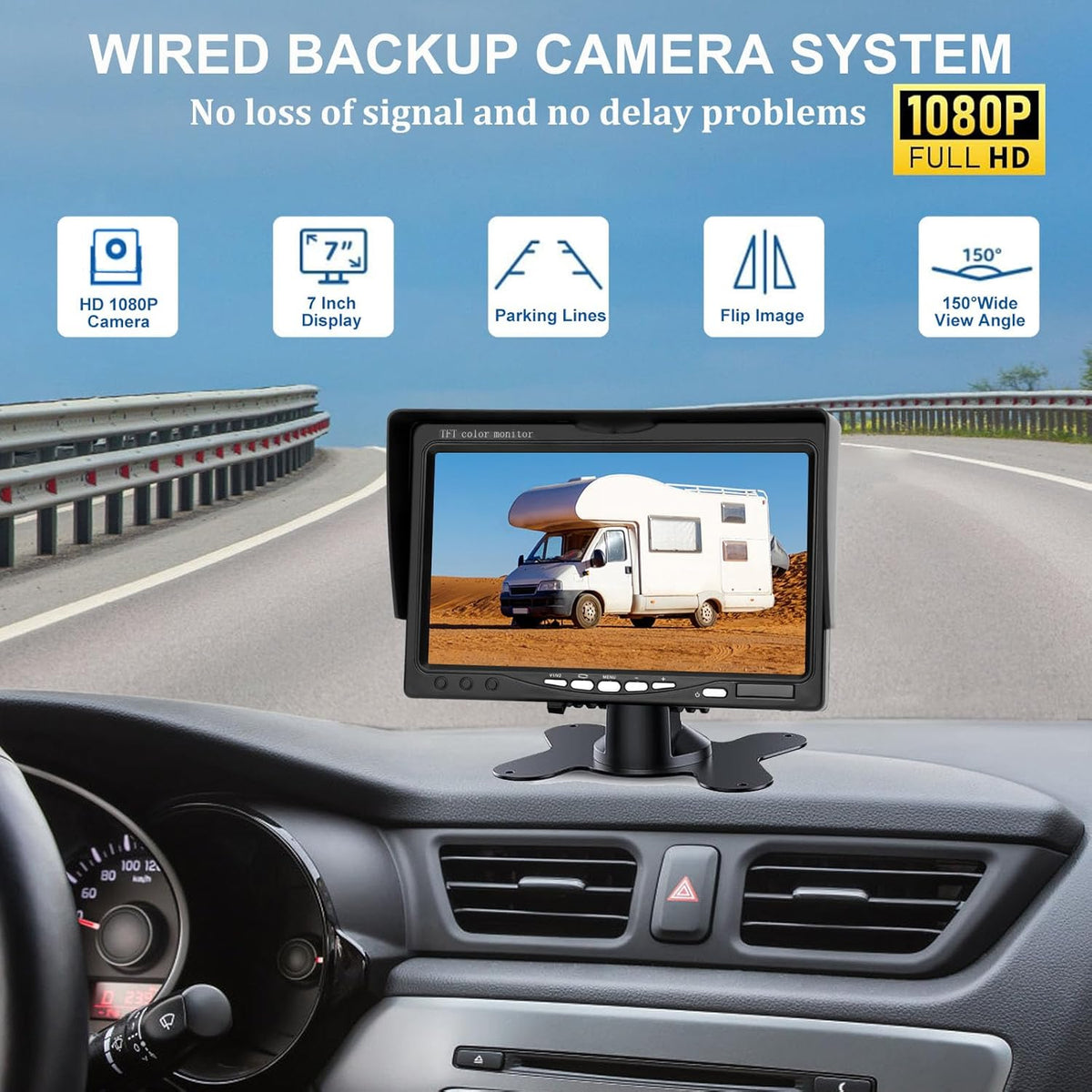 Kairiyard 7 Inch HD 1080P Backup Camera, 2 Channel, DIY Grid Lines 150° Wide Angle Reverse Rear
