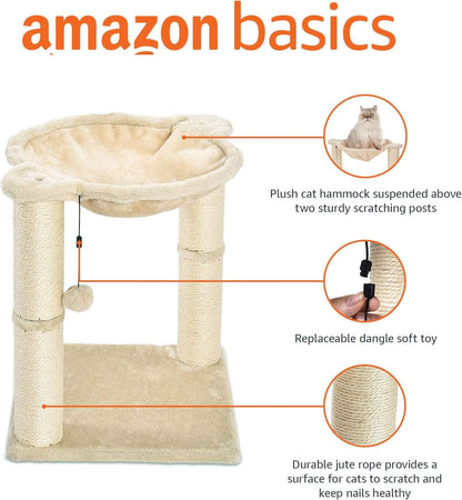 Amazon Basics Cat Condo Tower with Hammock Bed and Scratching Post,Easy to Assemble,Plush