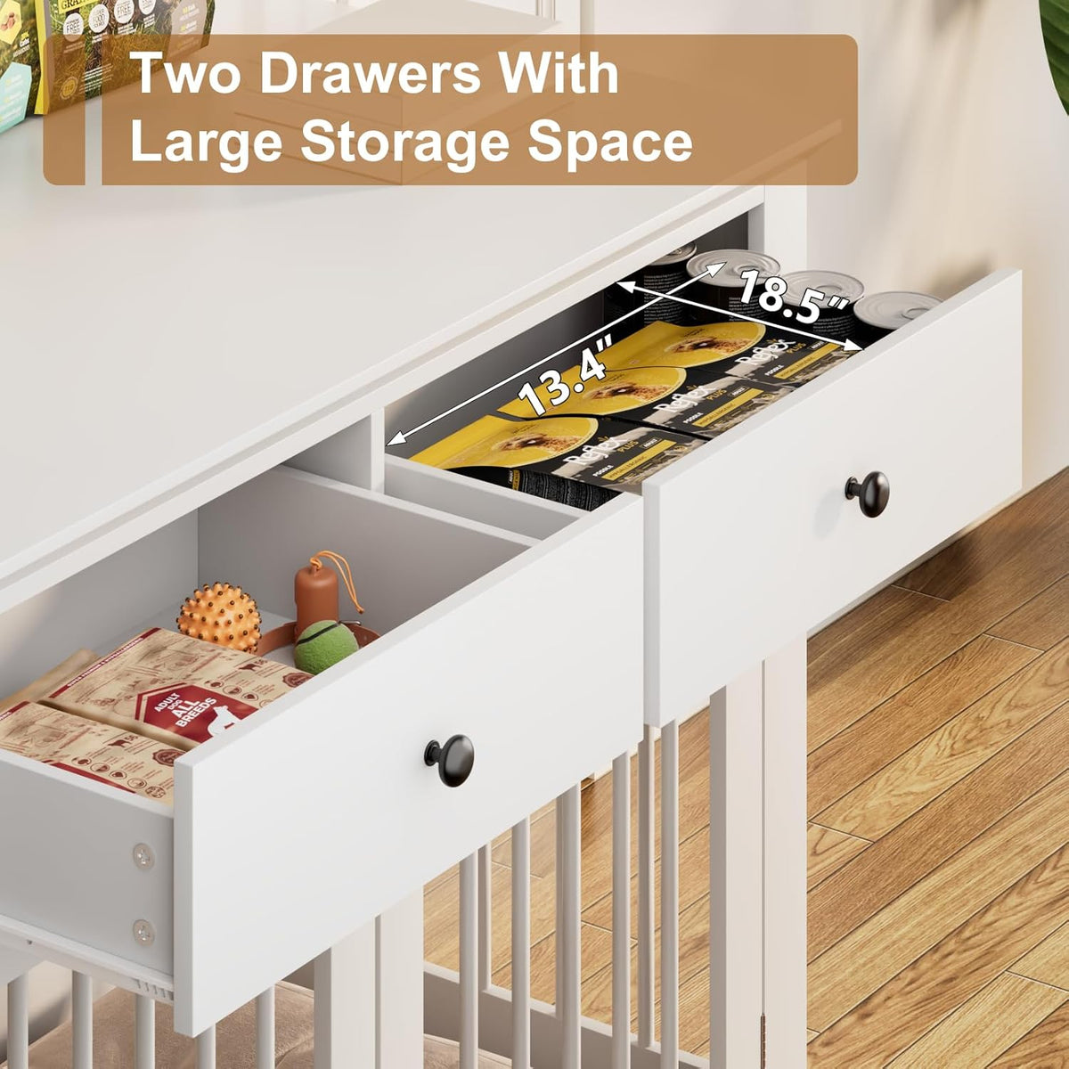 PUKAMI 44inch Dog Crate Furniture with Drawers,Wooden Dog Kennel Furniture for Large Breed,White