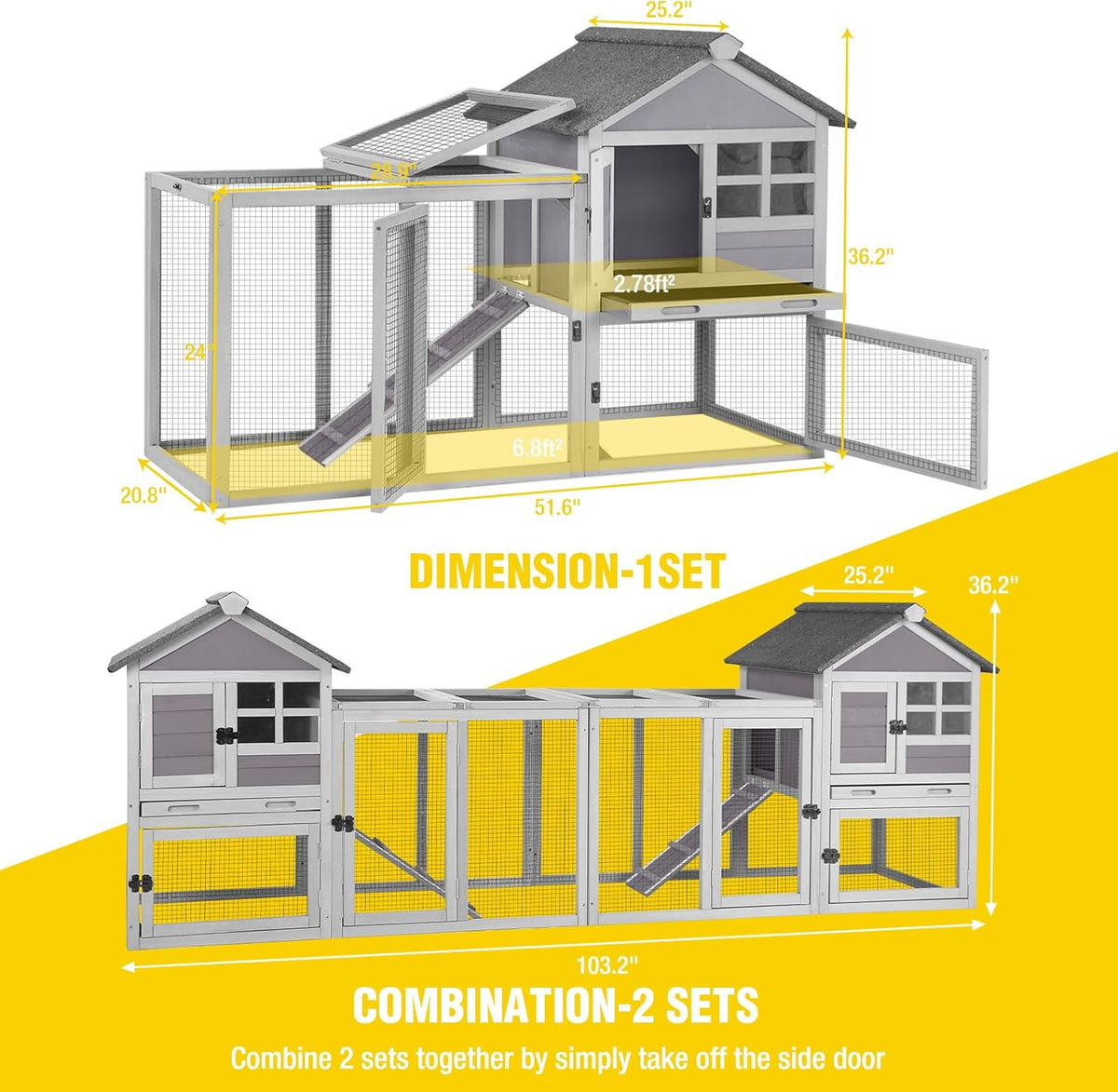 Aivituvin Rabbit Hutch Indoor Bunny Cage Outdoor with Run Chicken Coop Guinea Pig House with