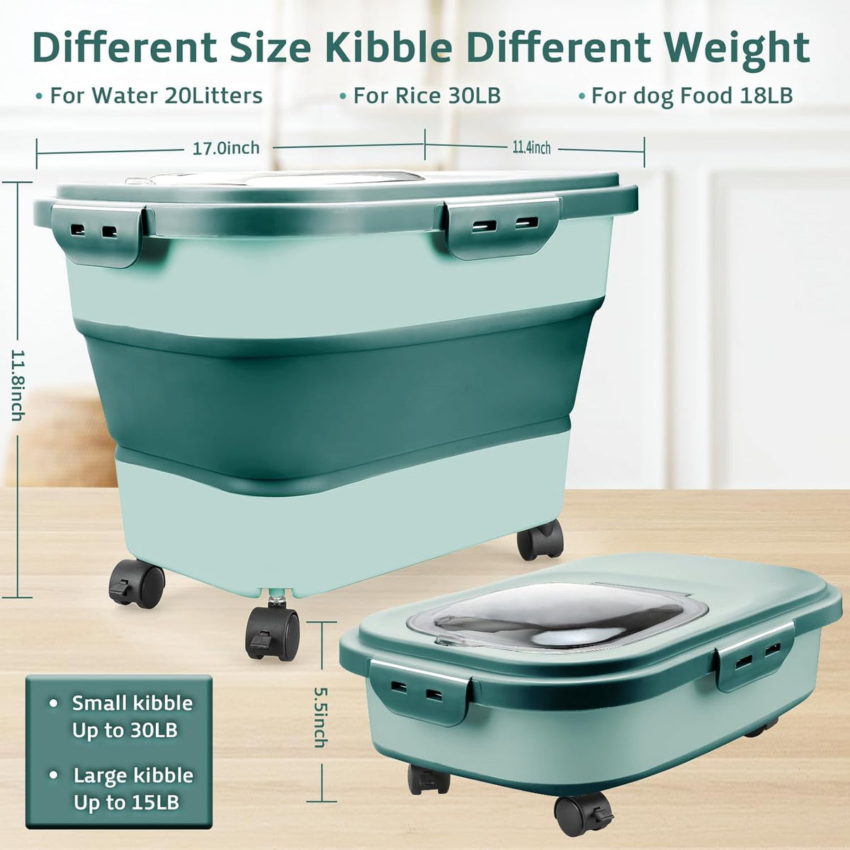 Rice Storage Containers, Collapsible 20 to 30Lbs Food Storage Bin Dispenser with Rolling Wheel and