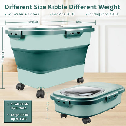 Rice Storage Containers, Collapsible 20 to 30Lbs Food Storage Bin Dispenser with Rolling Wheel and