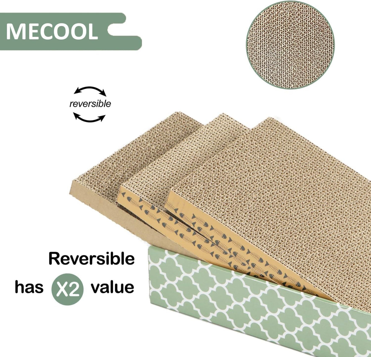 MECOOL Cat Scratching Board，3PC Scratch Pad with Box，Reversible Corrugated Scratcher Cardboard and