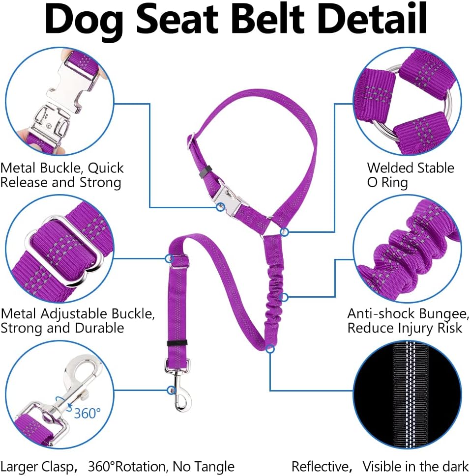 Plutus Pet Dog Seat Belt for Car Headrest, Reflective and Adjustable Restraint with Elastic Bungee