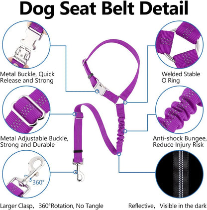 Plutus Pet Dog Seat Belt for Car Headrest, Reflective and Adjustable Restraint with Elastic Bungee