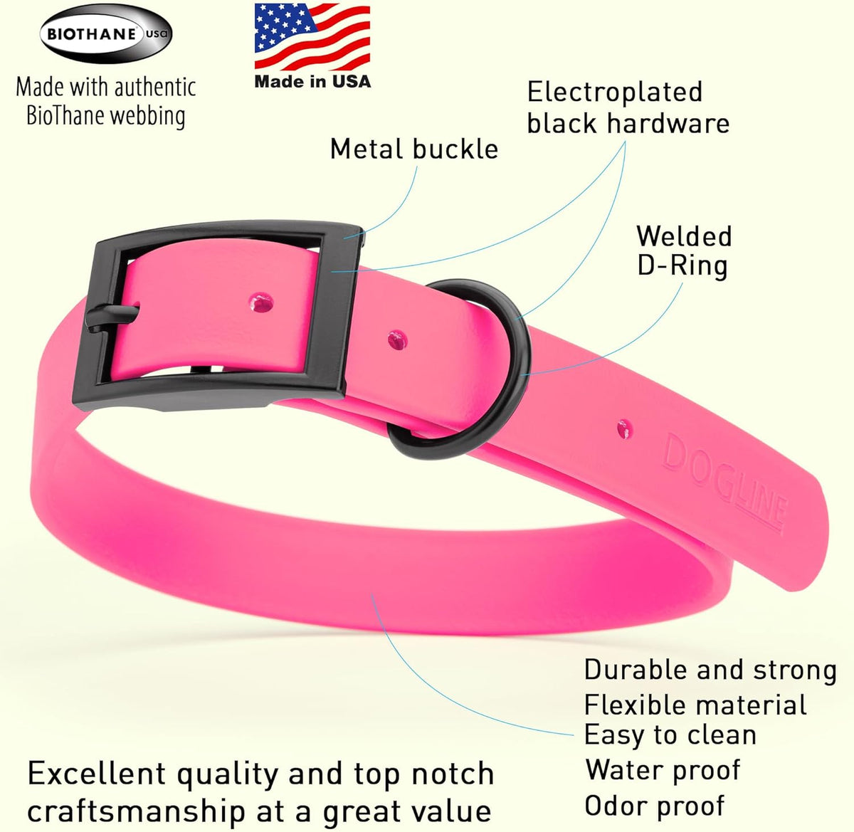Dogline Biothane Waterproof Dog Collar Strong Coated Nylon Webbing with Black Hardware Odor- Proof