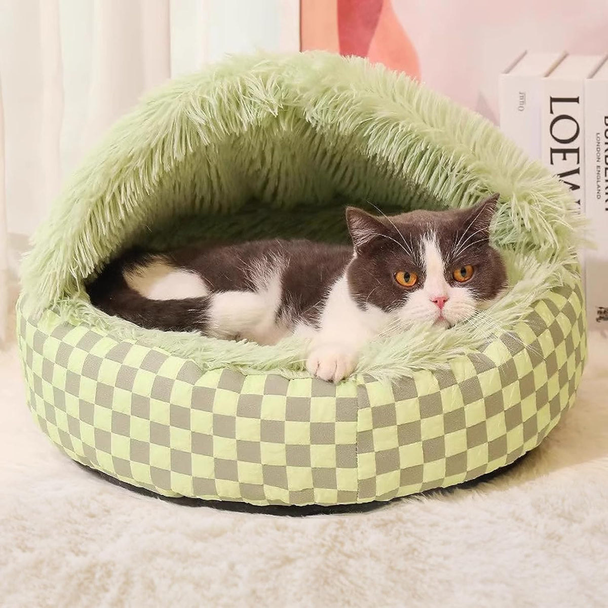 Cat Bed Hooded Plush Nest with Self-Warming Cozy Cave, Calming Anti-Anxiety Pet Bed for Indoor Cats