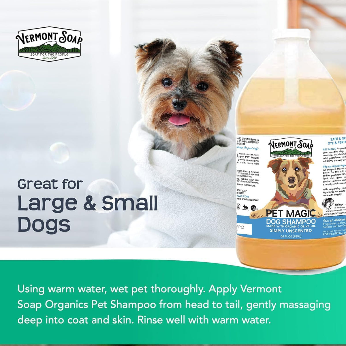 VERMONT SOAP Organics Pet Shampoo - Infused with Organic & Natural Olive Oil, Coconut & Aloe Vera