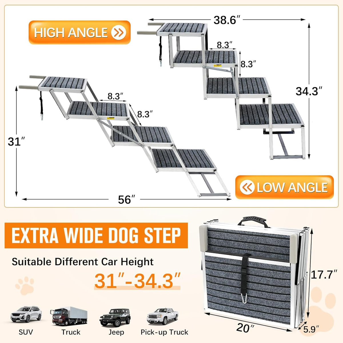 20" Extra Wide Dog Ramp, 4-Step Foldable Pet Stairs with Non-Slip Carpet - Lightweight Aluminum for