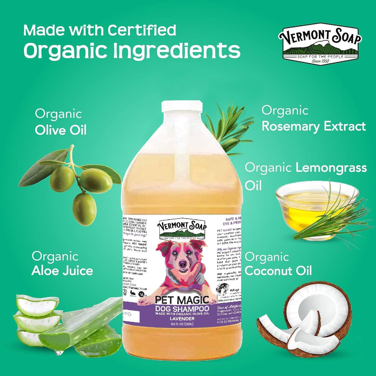 VERMONT SOAP Organics Pet Shampoo - Infused with Organic & Natural Olive Oil, Coconut & Aloe Vera