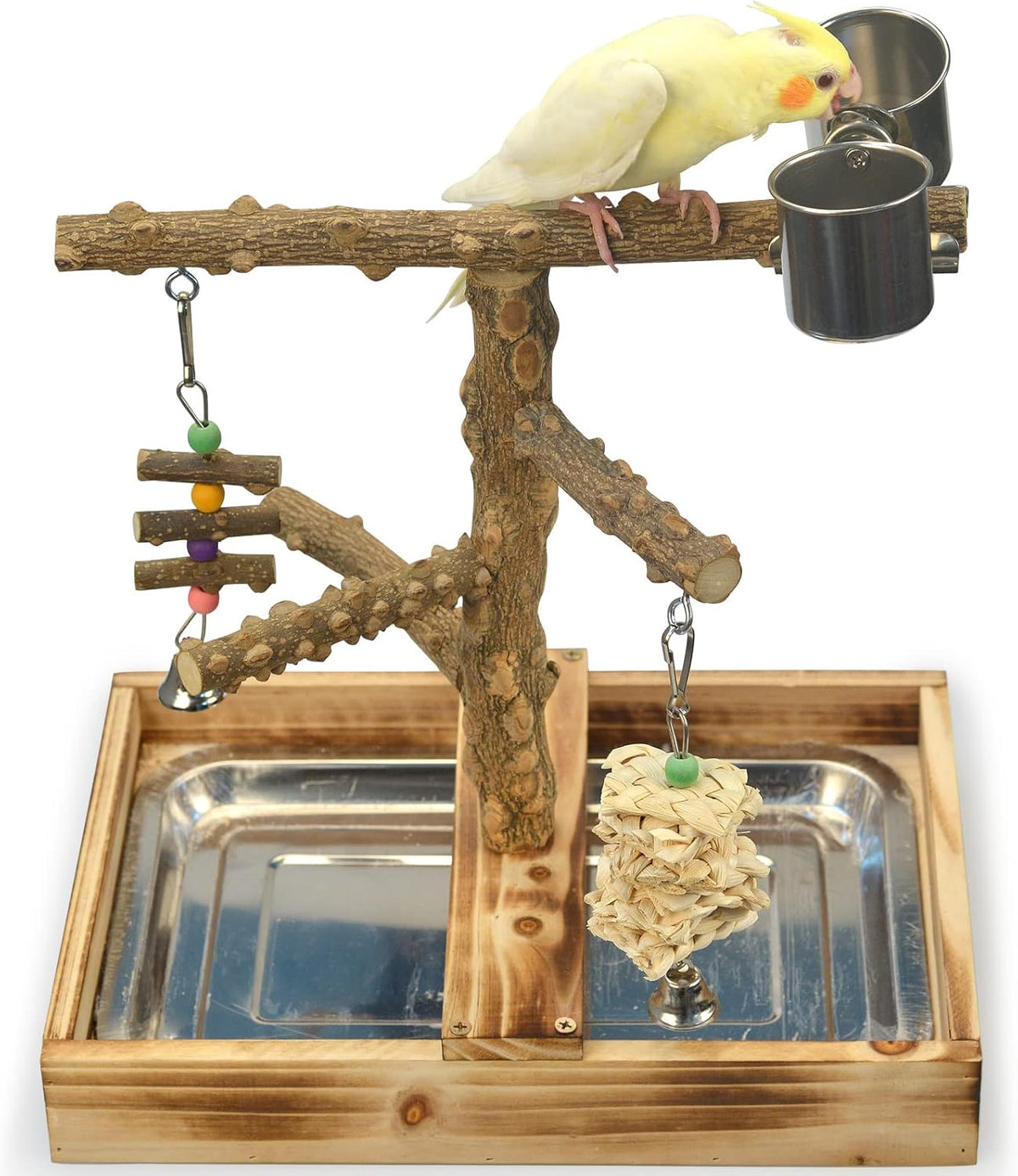 Natural Wood Bird Toys Playground, Bird Cage Accessories, Bird Perches, with Removable Tray and 2