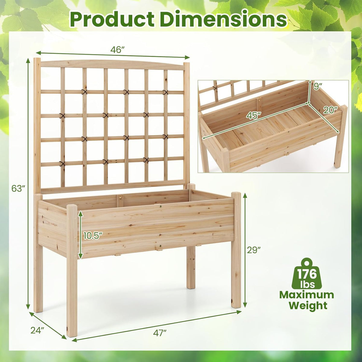 Giantex Raised Garden Bed with Trellis, Wooden Elevated Planter Box with Legs, Drainage Holes for