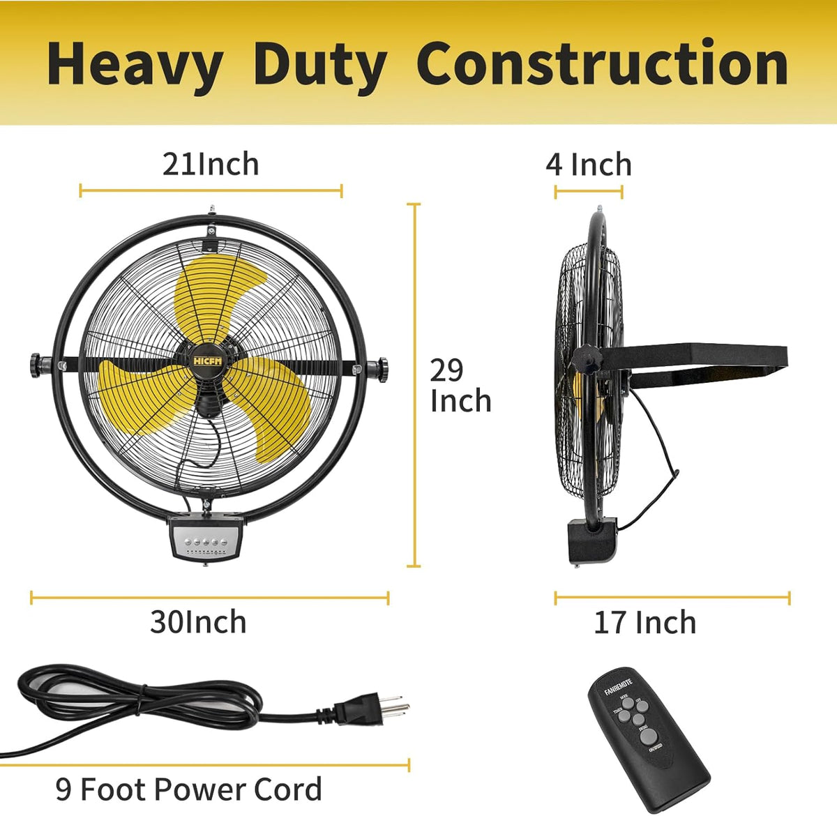 HiCFM 20" Remote Control Wall Mount Fan, 5100 CFM High Velocity 3-Speed Oscillating Wall Fans with