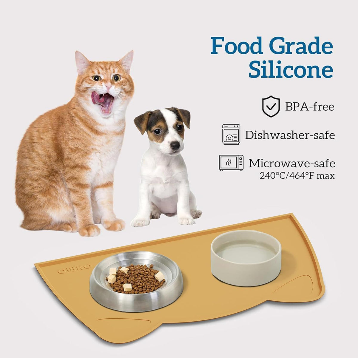 OHMO - Cat Food Mat, Silicone Pet Feeding Mat for Floor Non-Skid Waterproof Dog Water Bowl Tray
