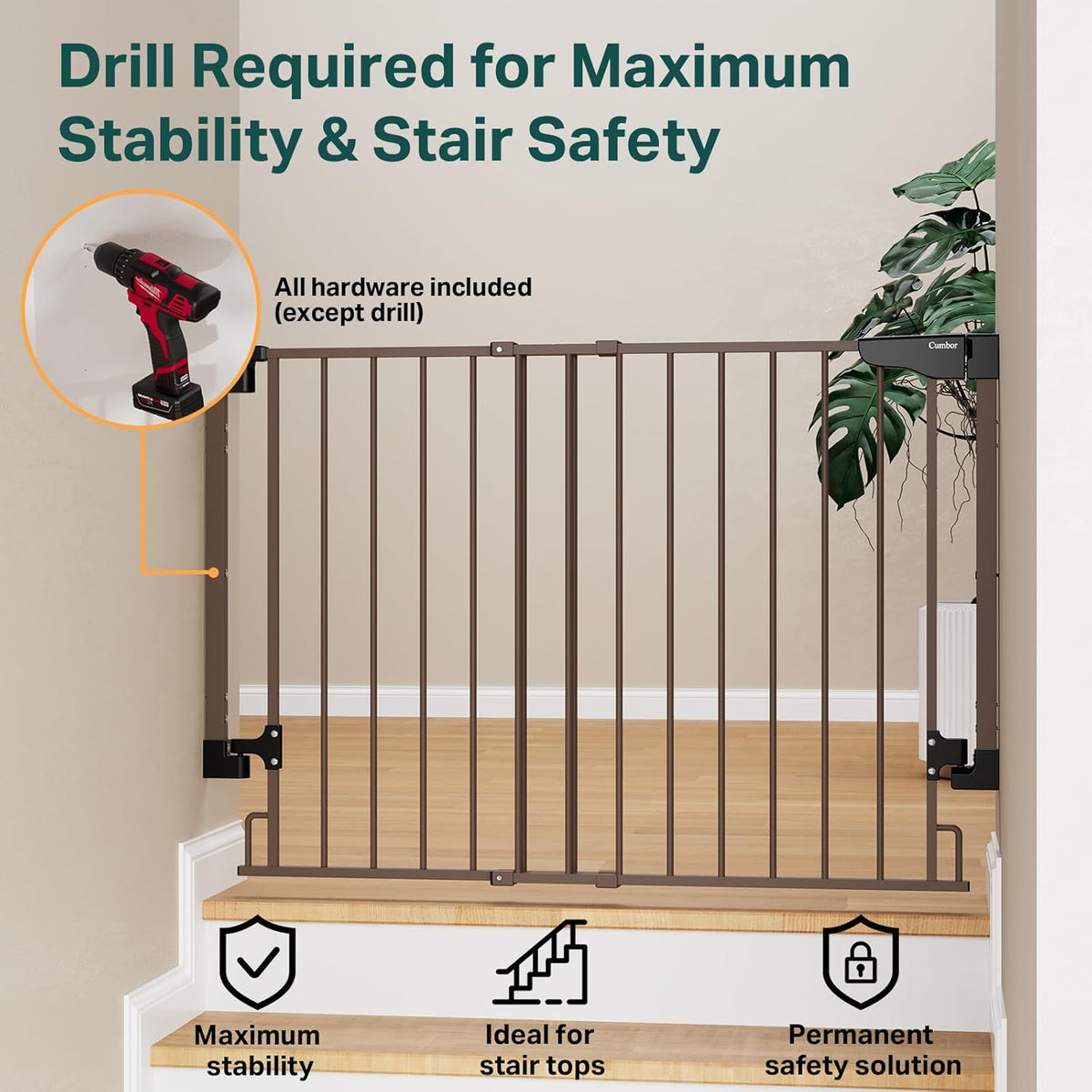 Cumbor 29.2-43" No Bottom Bar Baby Gate for Stairs, 2-in-1 Hardware Mounted Dog Gate Indoor, Pet
