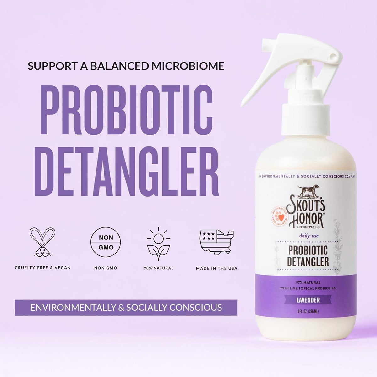 Skout's Honor Pet Detangler Spray - Hydrating & Conditioning with Avocado Oil & Probiotics, 97%
