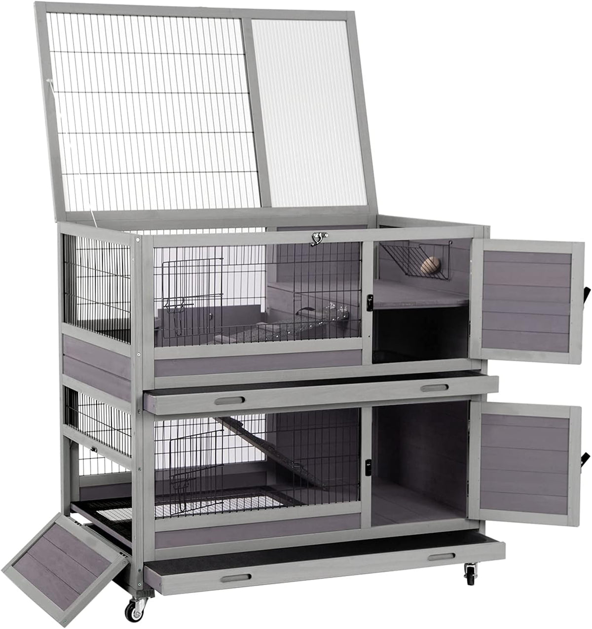 Rabbit Hutch Indoor Outdoor Bunny Hutch Pull Out Tray Guinea Pig Cage with Bottom Wire-Netting, On