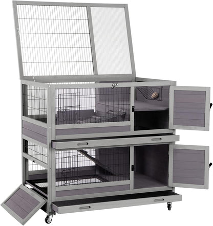Rabbit Hutch Indoor Outdoor Bunny Hutch Pull Out Tray Guinea Pig Cage with Bottom Wire-Netting, On