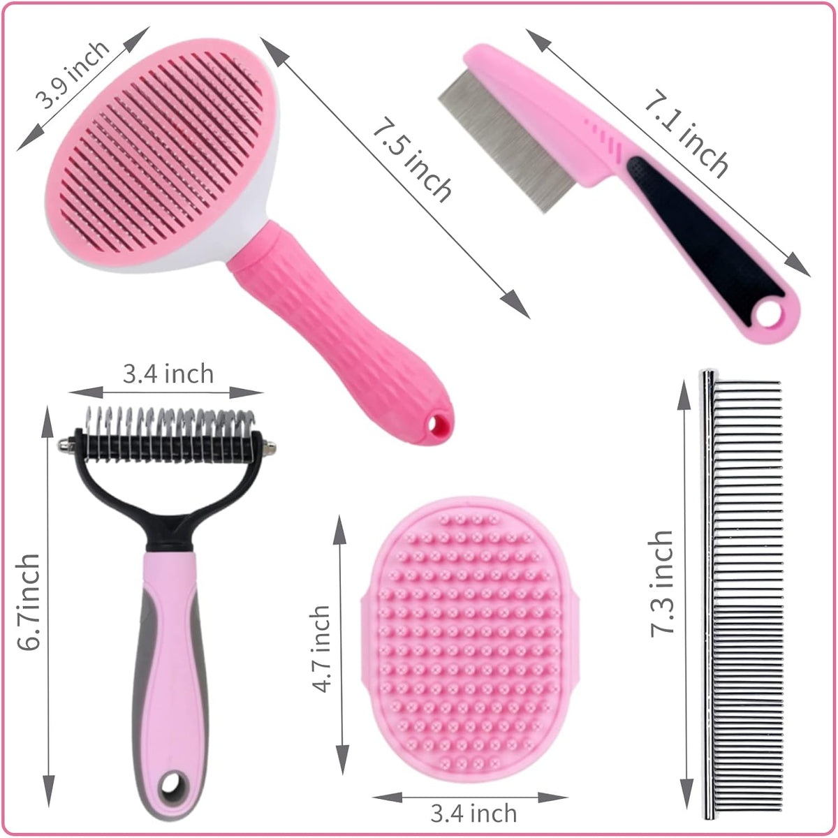 Dog Grooming Kit - Deshedding Brush for Short Hair, Slicker Brush, Flea Comb, Puppy Brush Set in