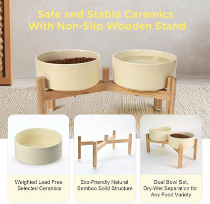 SPUNKYJUNKY Elevated Dog Bowls Ceramic, 7.3'' Dogs Food Water Bowls Raised with Non-Slip Bamboo