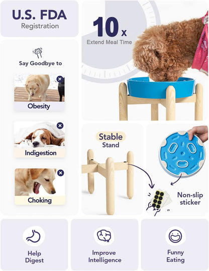 LE TAUCI Ceramic Slow Feeder Dog Bowls Elevated, 3 Cup Raised Bowl with Wooden Stand for Medium