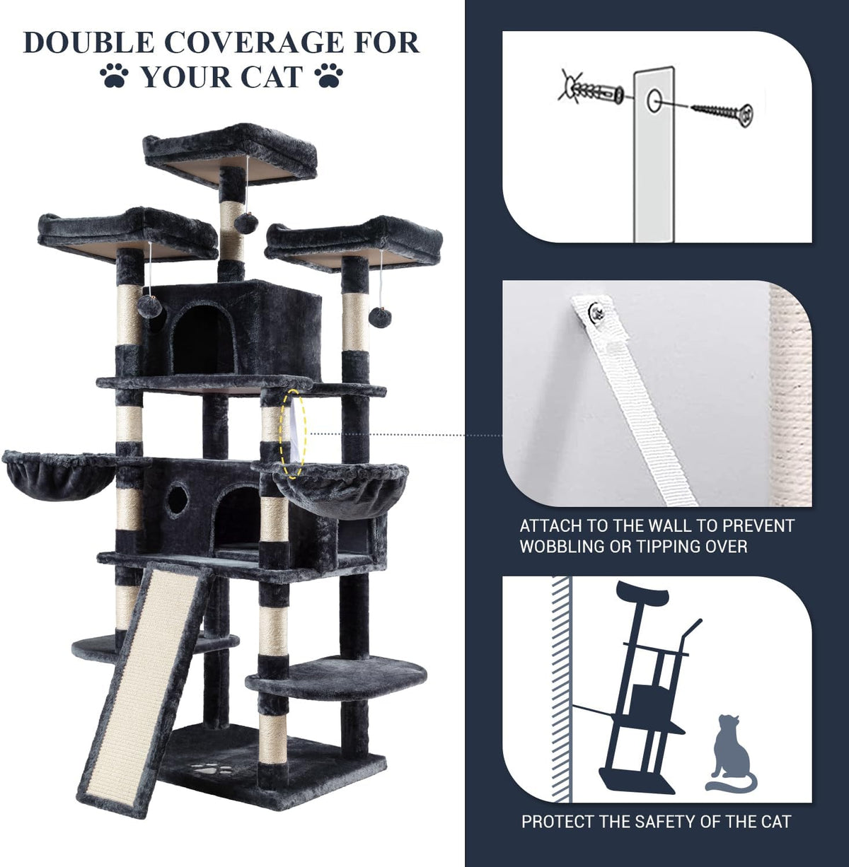 Allewie 68 Inches Cat Tree/House and Towers for Big Feline/Scratching Post/Multi-Level Large Kitty
