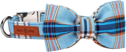 Lionet Paws Boy Dog Collar with Bowtie, Comfortable Adjustable Cute Blue Plaid Bow Tie Collar for