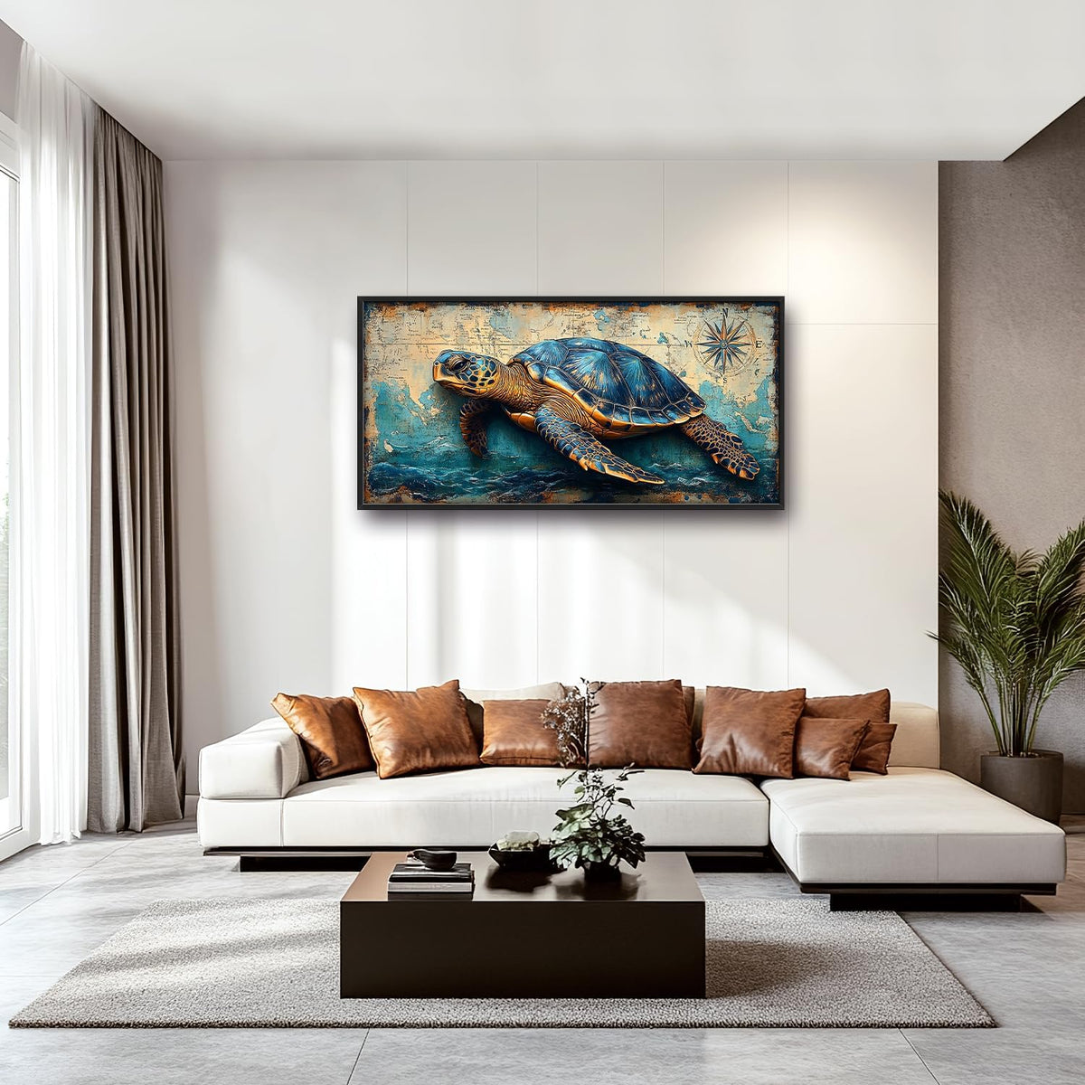 Large Nautical Turtle Wall Art for Living Room, Coastal Ocean Canvas Oversized Wall Decor, Beach