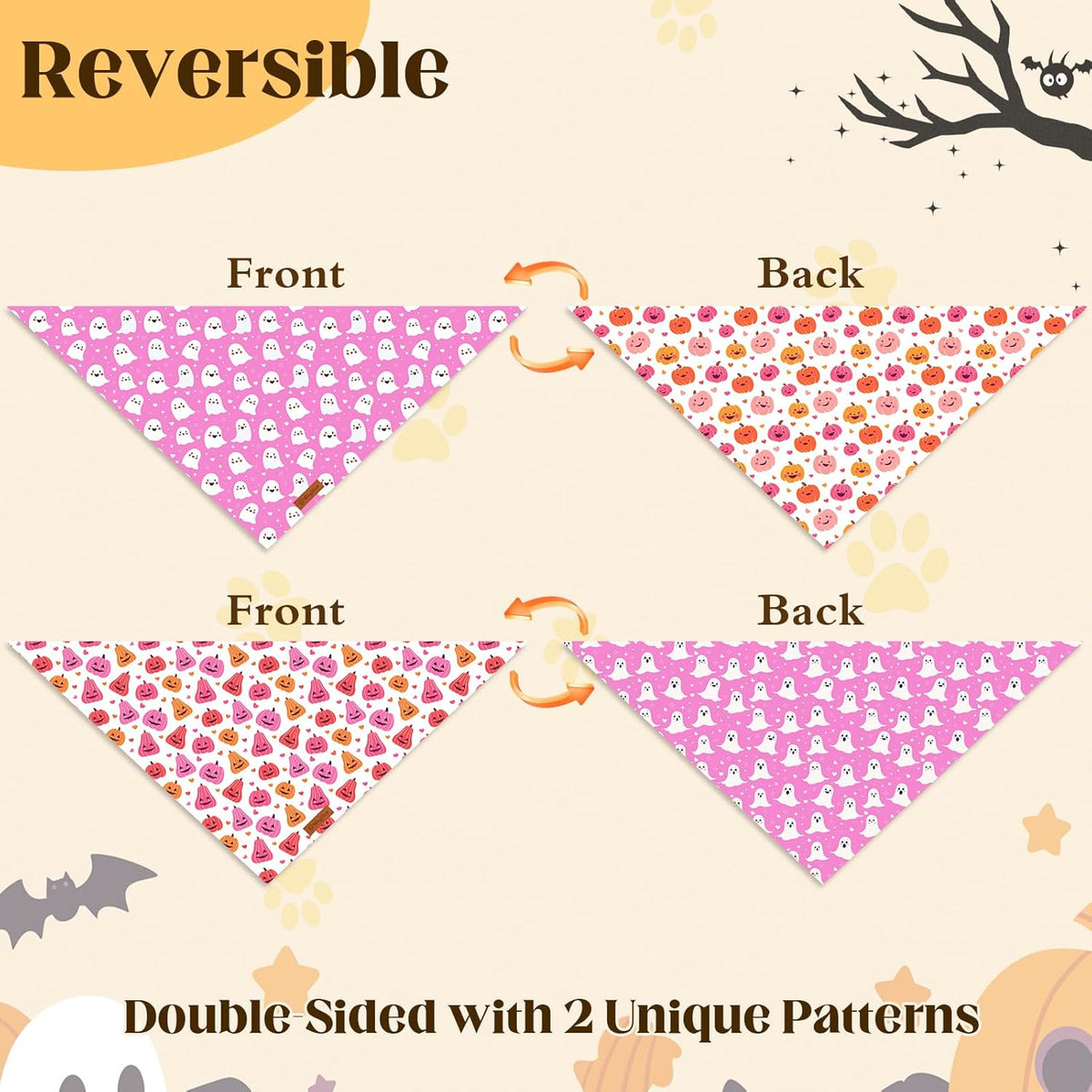 2 Pack Halloween Dog Bandanas,Leather Brand Logo, Double-Layed Soft Skin-Friendly Fabric, Autumn