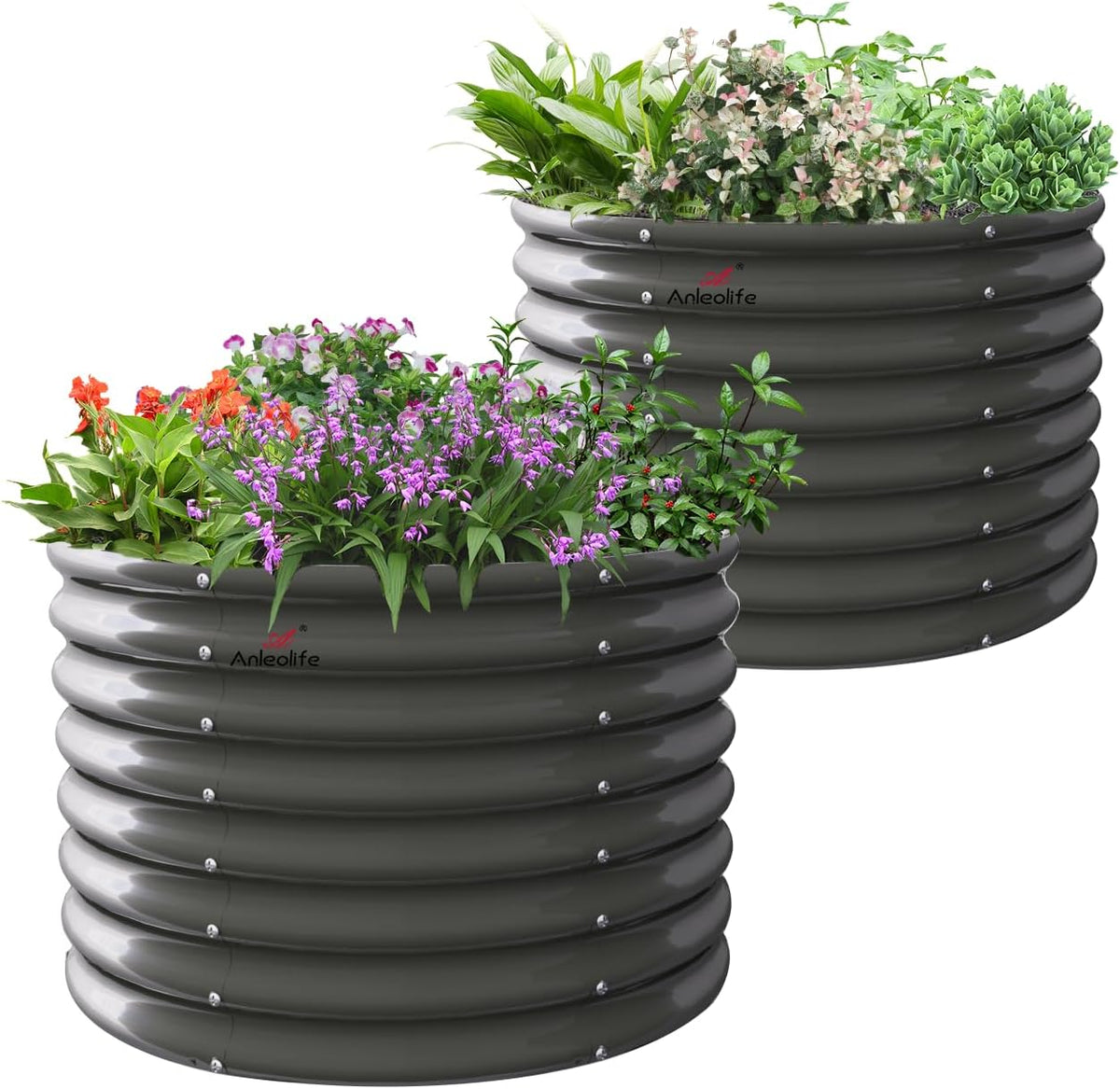 A ANLEOLIFE 2-Pack 3ft x 24” Tall Galvanized Raised Garden Beds Outdoor, Round Metal Planter Box