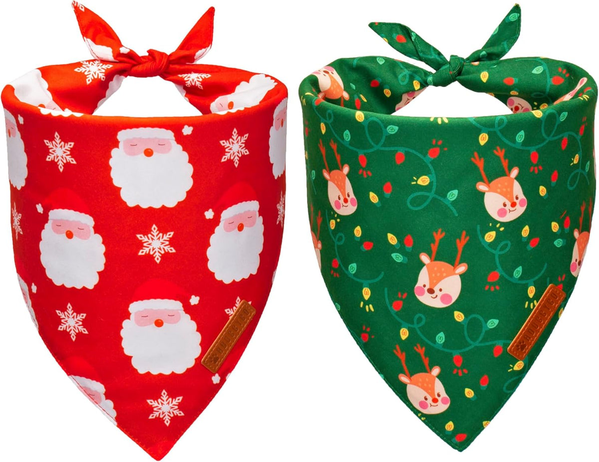 ADOGGYGO Christmas Dog Bandanas 2 Pack, Santa Deer Pattern Pet Xmas Scarf Bib, Premium Durable