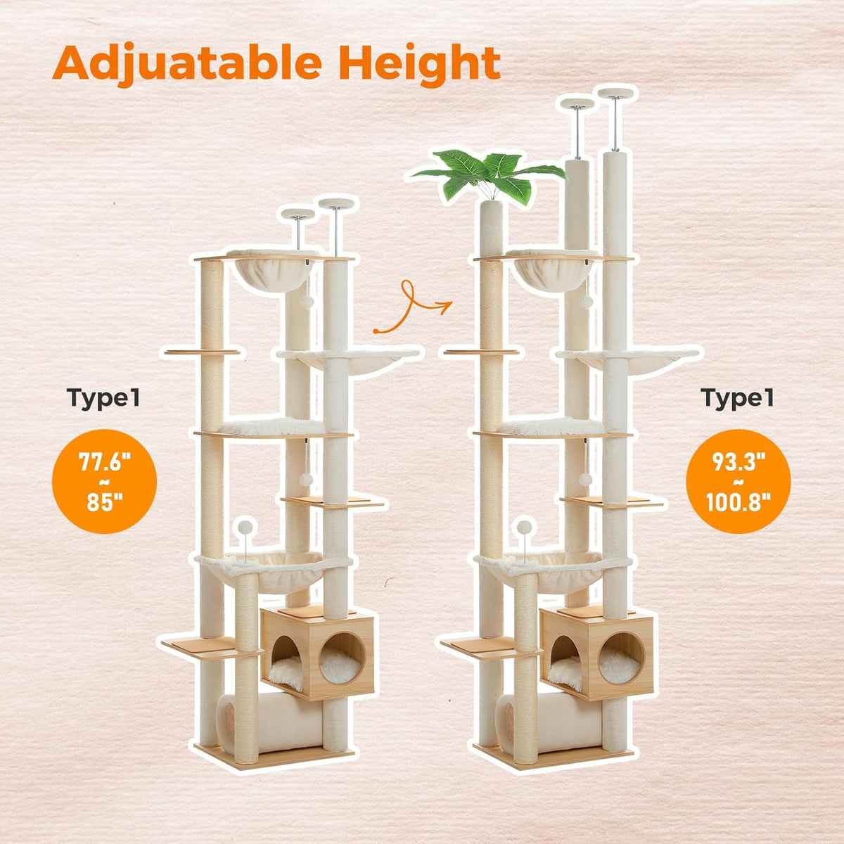 PEQULTI Floor to Ceiling Cat Tree 93.3’’-100.8’’ Height Adjustable Wooden Cat Tower Tall Climbing
