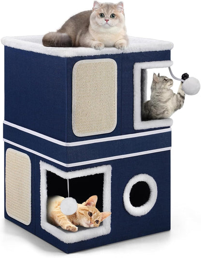 2-Storey Cat House for Indoor Cats, Large Double Cat Bed Cave with Hideaway Condos, Scratch Pads