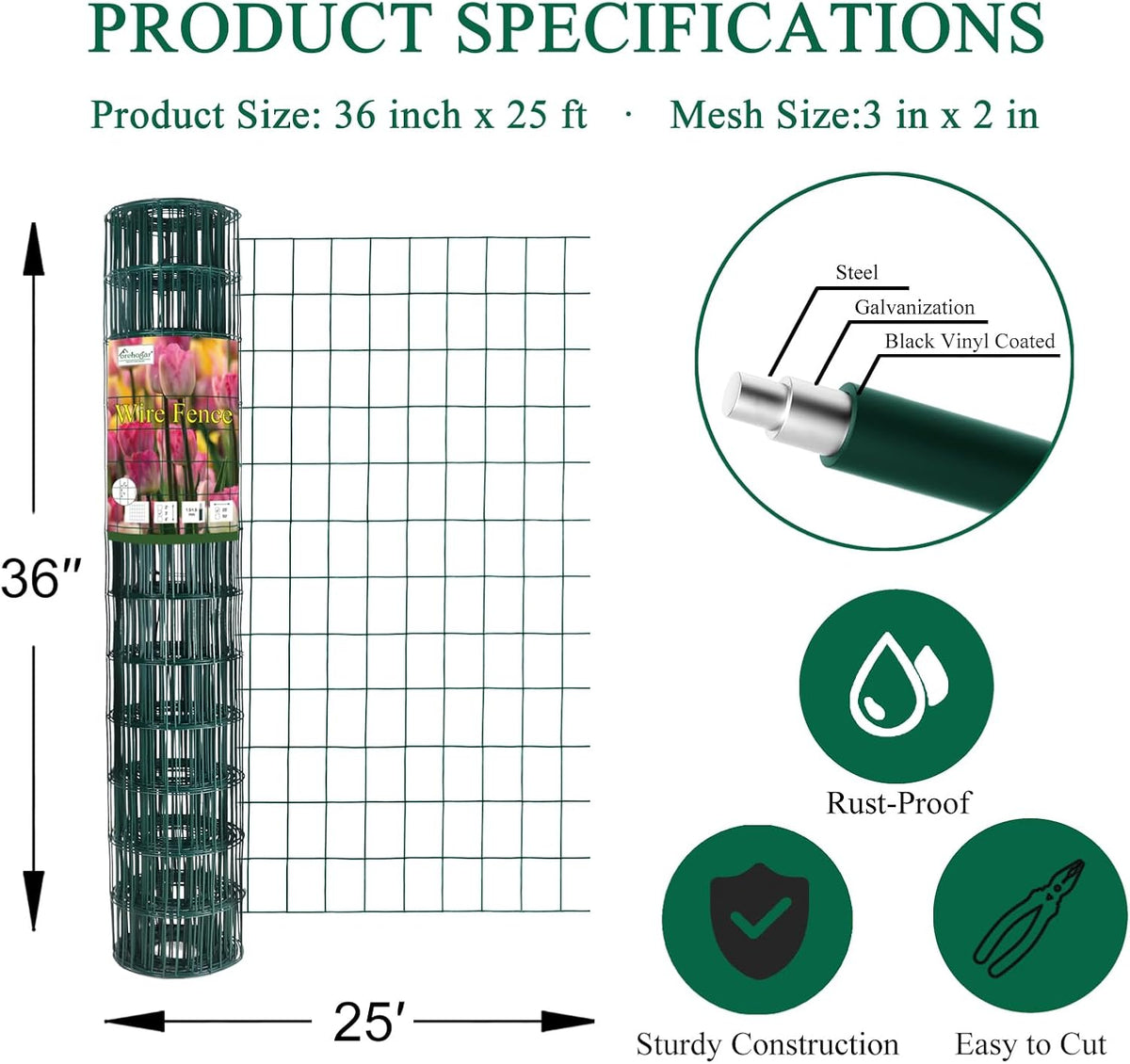 Green PVC Coated Welded Wire Fence 36 Inch x 25 Foot, 2 Inch x 3 Inch 16GA, Garden Border Fencing