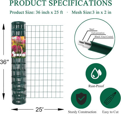 Green PVC Coated Welded Wire Fence 36 Inch x 25 Foot, 2 Inch x 3 Inch 16GA, Garden Border Fencing