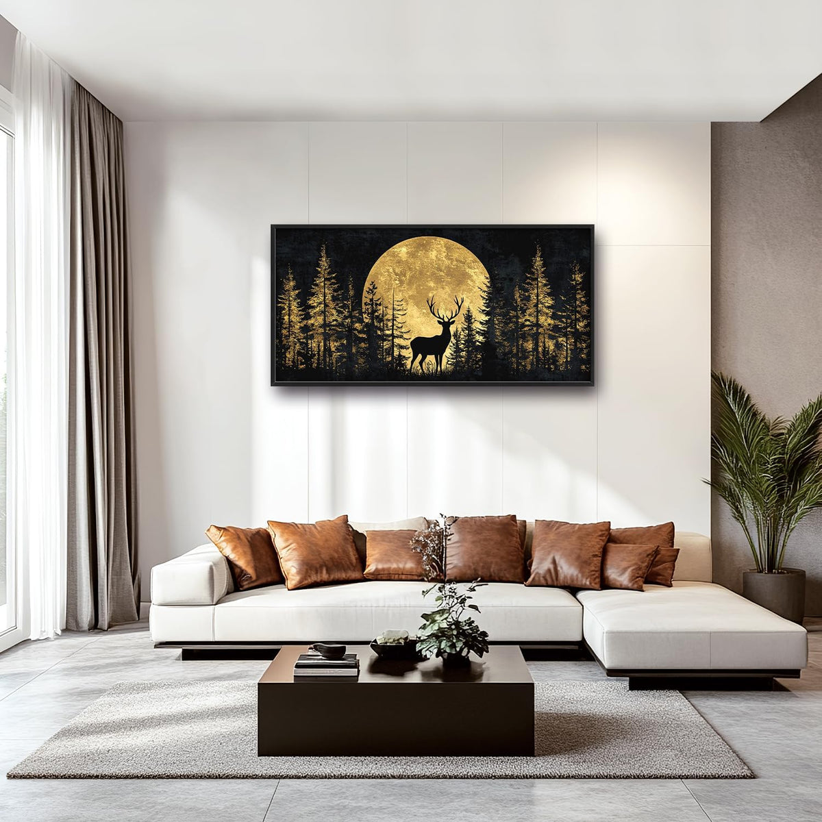 Large Moon Deer Forest Wall Art for Living Room, Black Gold Canvas Oversized Wall Decor, Elk Animal