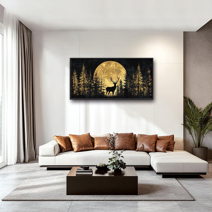 Large Moon Deer Forest Wall Art for Living Room, Black Gold Canvas Oversized Wall Decor, Elk Animal