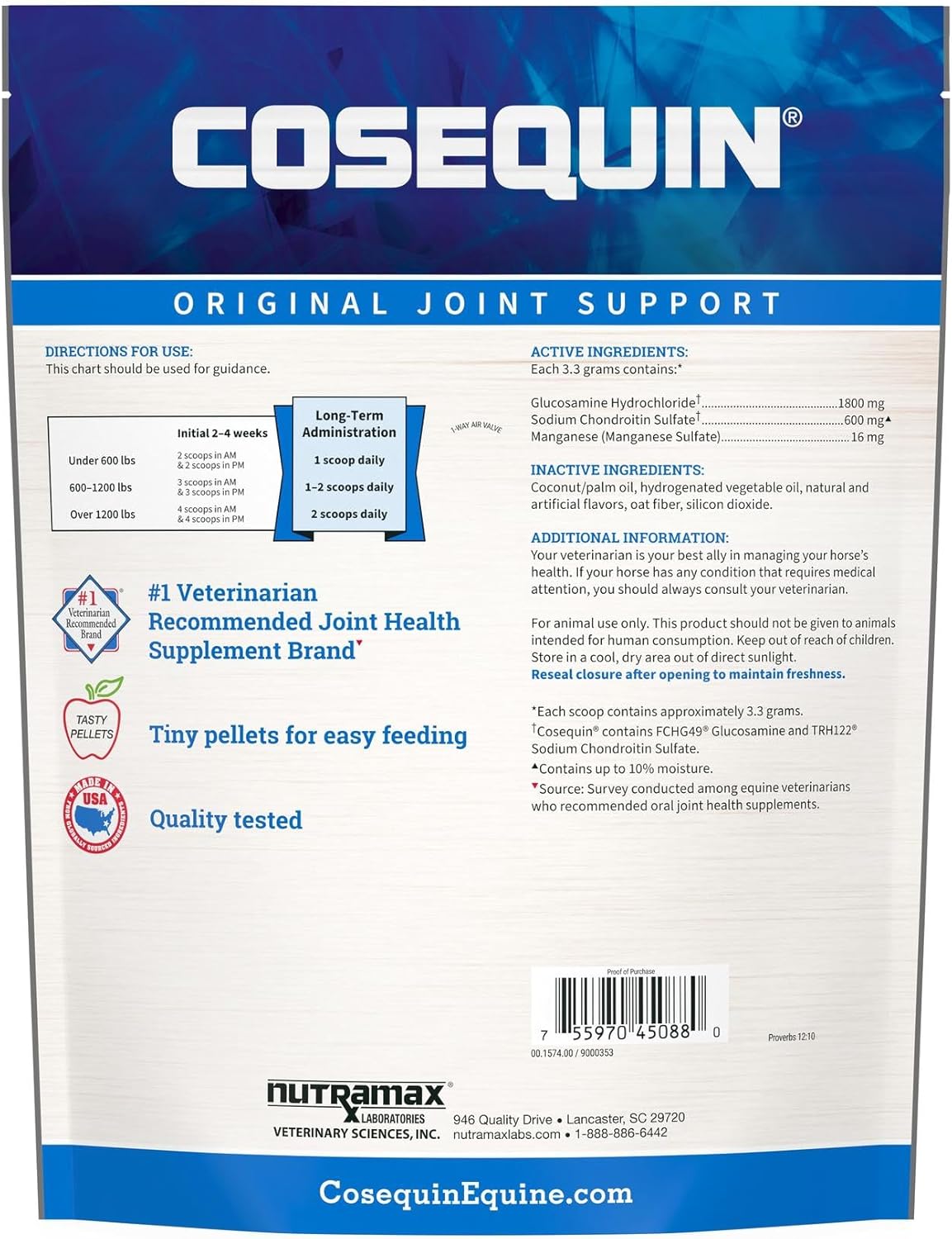 Nutramax Cosequin Original Pellets Joint Health Supplement for Horses - with Glucosamine and