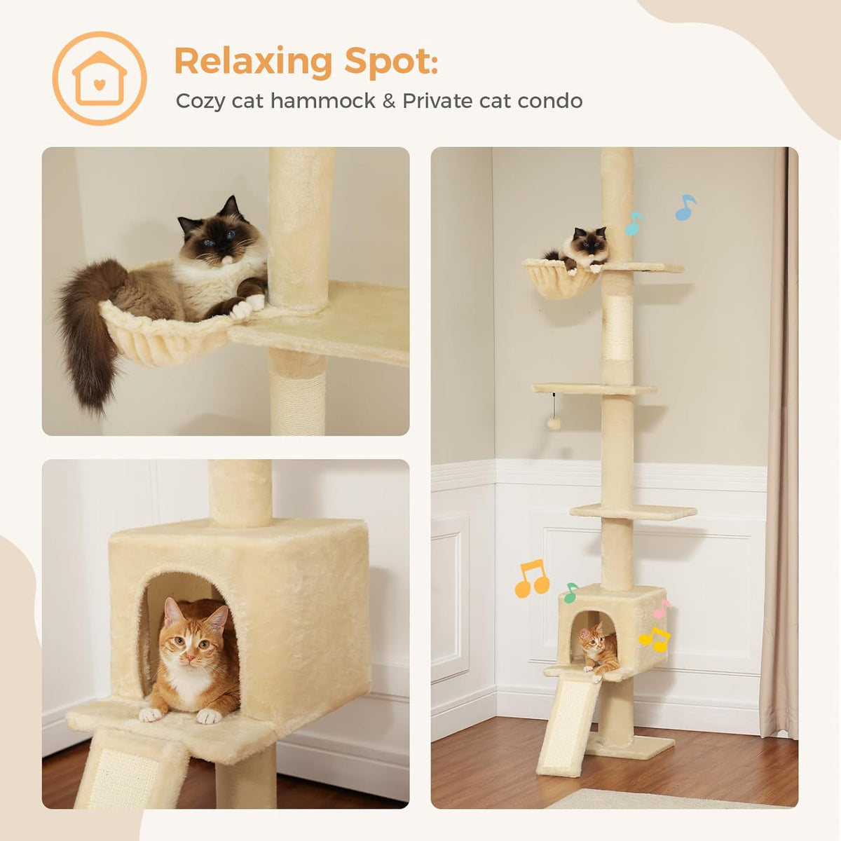 PEQULTI Floor to Ceiling Cat Tree, Tall Cat Tower, Adjustable Height (83''-108'') 5 Levels Climbing