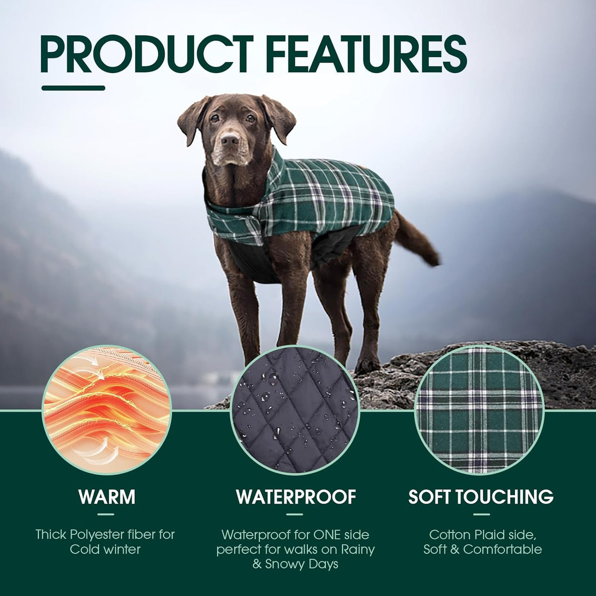 Kuoser Waterproof Dog Coat, Reversible Dog Jacket for Medium Dogs, Adjustable Durable Doggie Winter