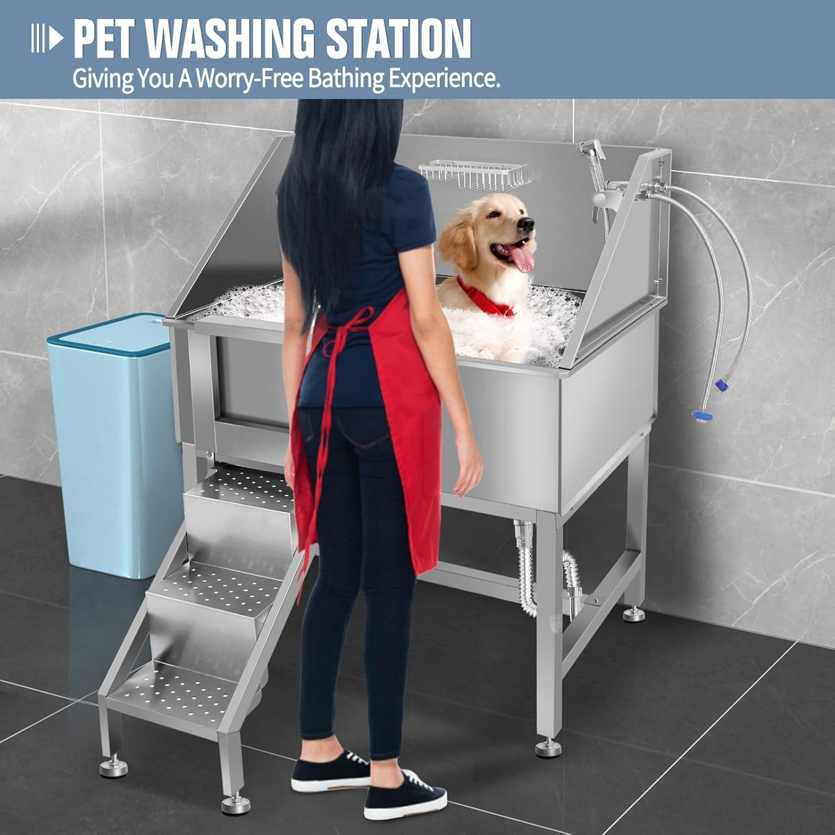 38" Dog Bathing Station, Professional Dog Washing Station Stainless Steel Dog Grooming Tub for
