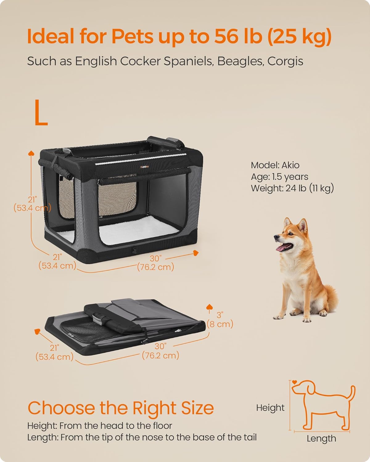 Feandrea Collapsible Dog Crate, 30-Inch Portable Dog Travel Crate for Medium Dogs, Oxford Fabric