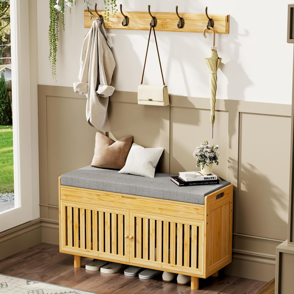 Coat Rack Shoe Bench Set, Bamboo Shoe Storage Bench with Seat Cushion & 5 Hooks, Hall Tree Entryway