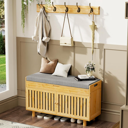 Coat Rack Shoe Bench Set, Bamboo Shoe Storage Bench with Seat Cushion & 5 Hooks, Hall Tree Entryway
