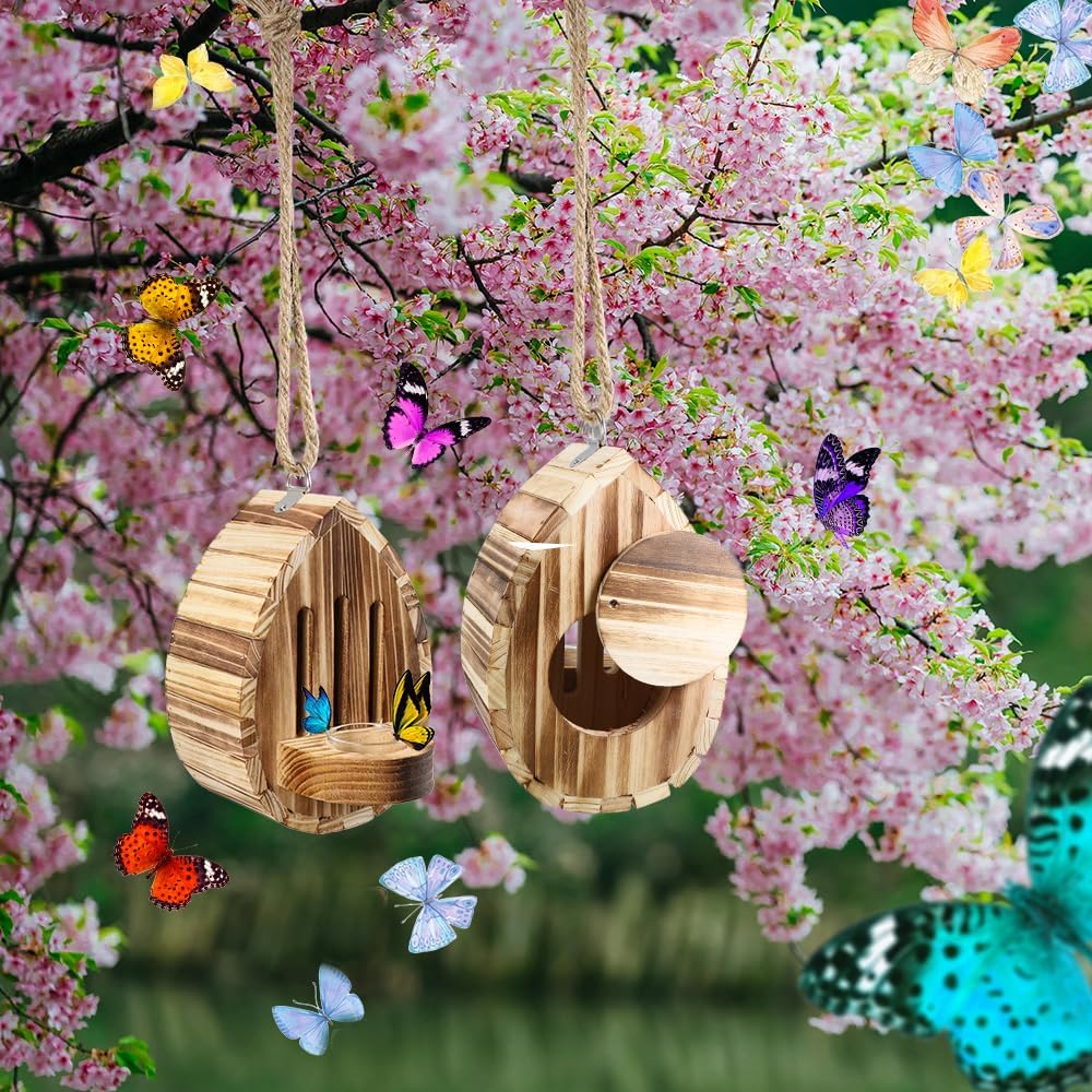 Picowe Wooden Butterfly House - Natural Habitat Nesting Box With Feeder for Butterflies, Bees