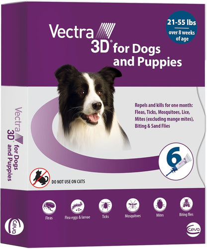Vectra 3D for Dogs Flea, Tick & Mosquito Treatment & Prevention for Medium Dogs (21 – 55 lbs) , 6