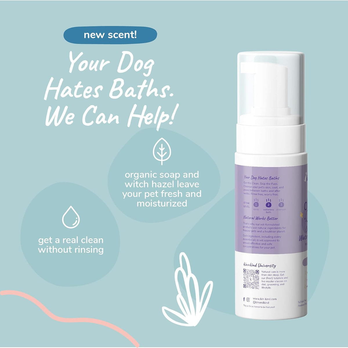 kin+kind Waterless Dry Shampoo for Dogs - Rinse-Free, Eliminate Itch and Odor, Natural Formula with