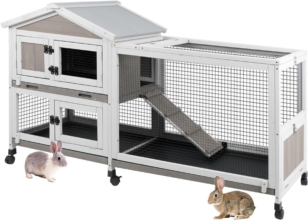 2-Tier Rabbit Hutch with Wheels, Indoor & Outdoor Small Animal Cage with Deep Pull-Out Tray