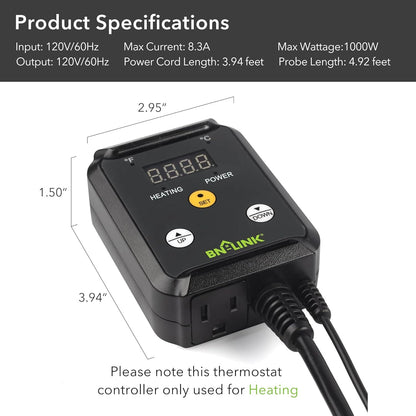 BN-LINK Digital Heat Mat Thermostat Controller for Seed Germination, Reptiles and Brewing Breeding