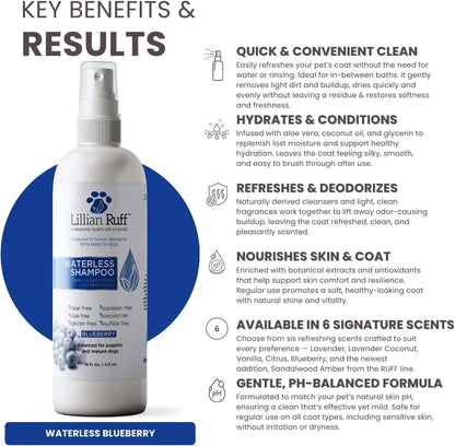 Lillian Ruff Waterless No-Rinse Dog Dry Shampoo Spray with Hydrating Essential Oils - pH-Balanced